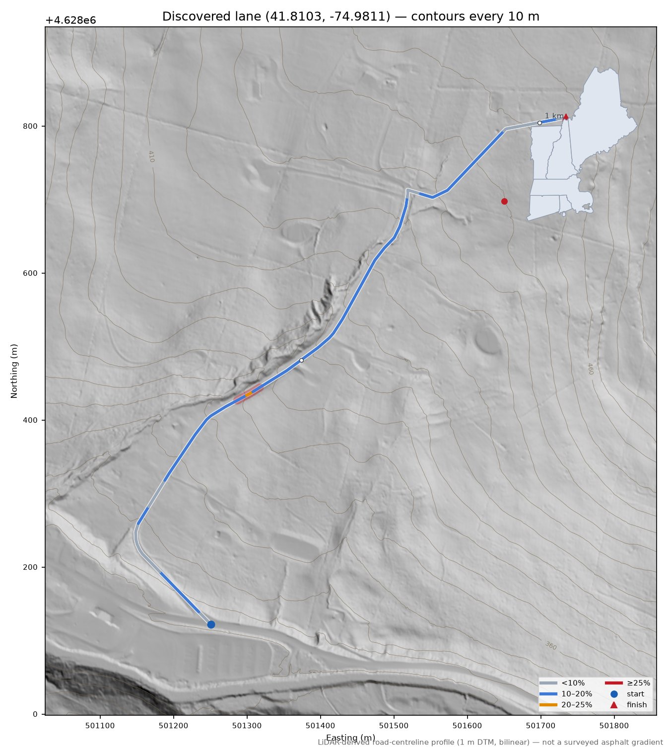 Discovered lane (41.8103, -74.9811) LiDAR hillshade map with contours