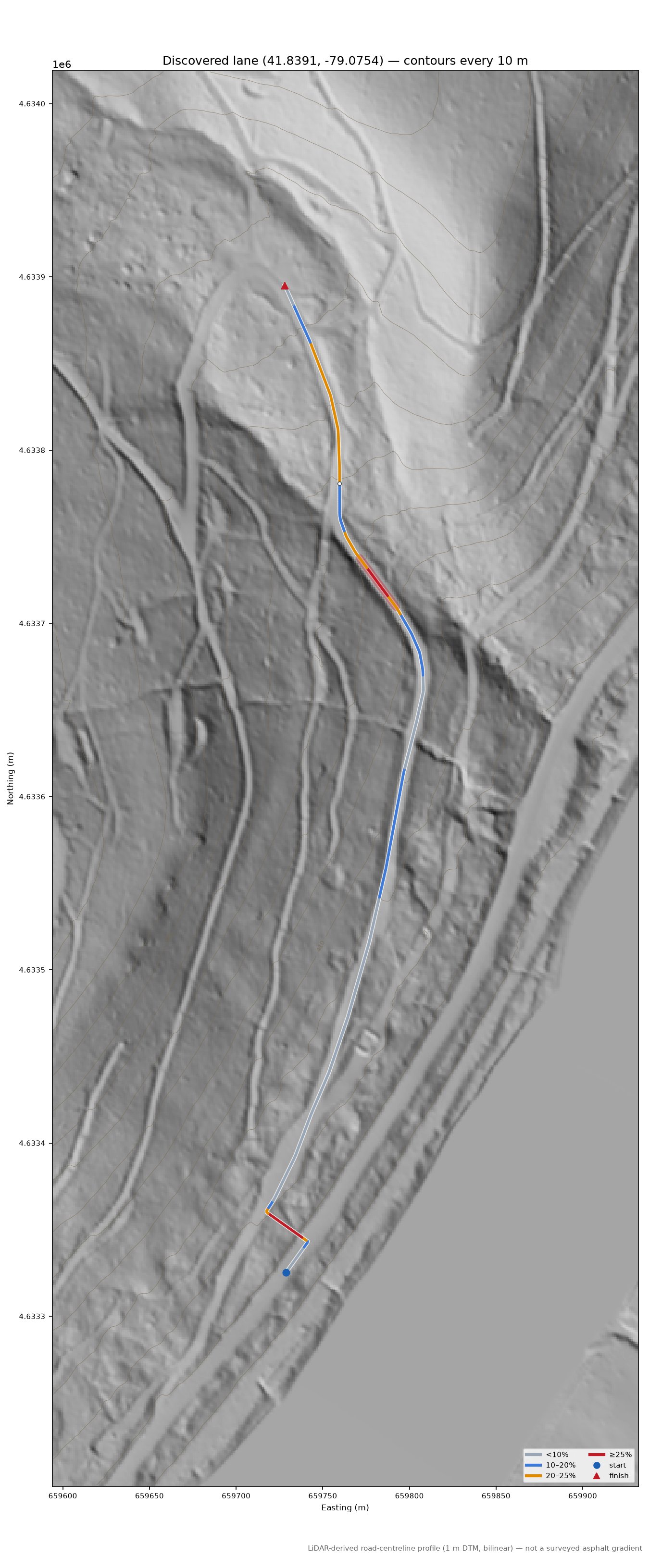Discovered lane (41.8391, -79.0754) LiDAR hillshade map with contours