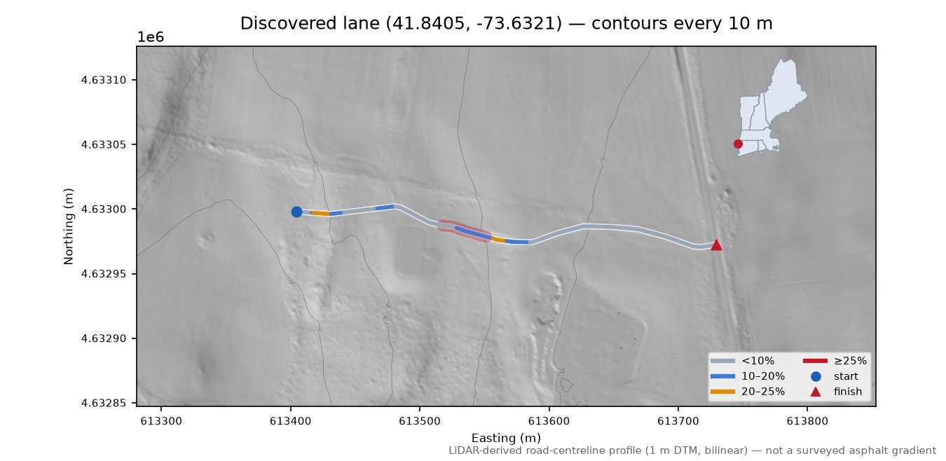 Discovered lane (41.8405, -73.6321) LiDAR hillshade map with contours
