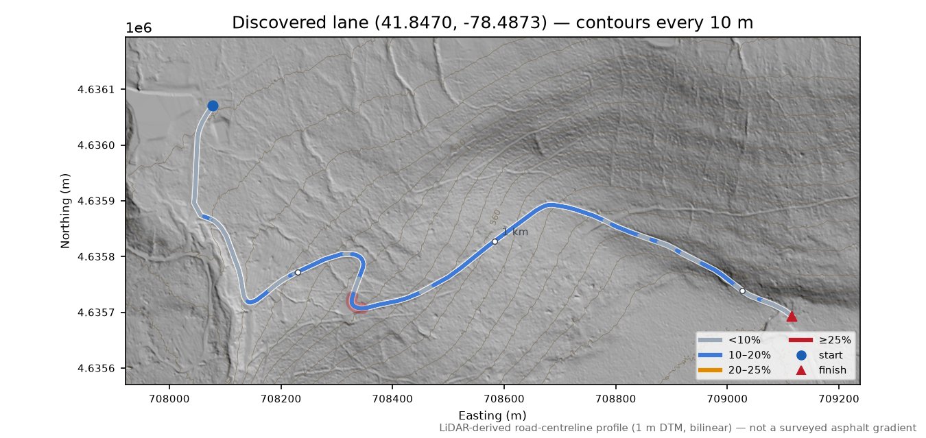Discovered lane (41.8470, -78.4873) LiDAR hillshade map with contours