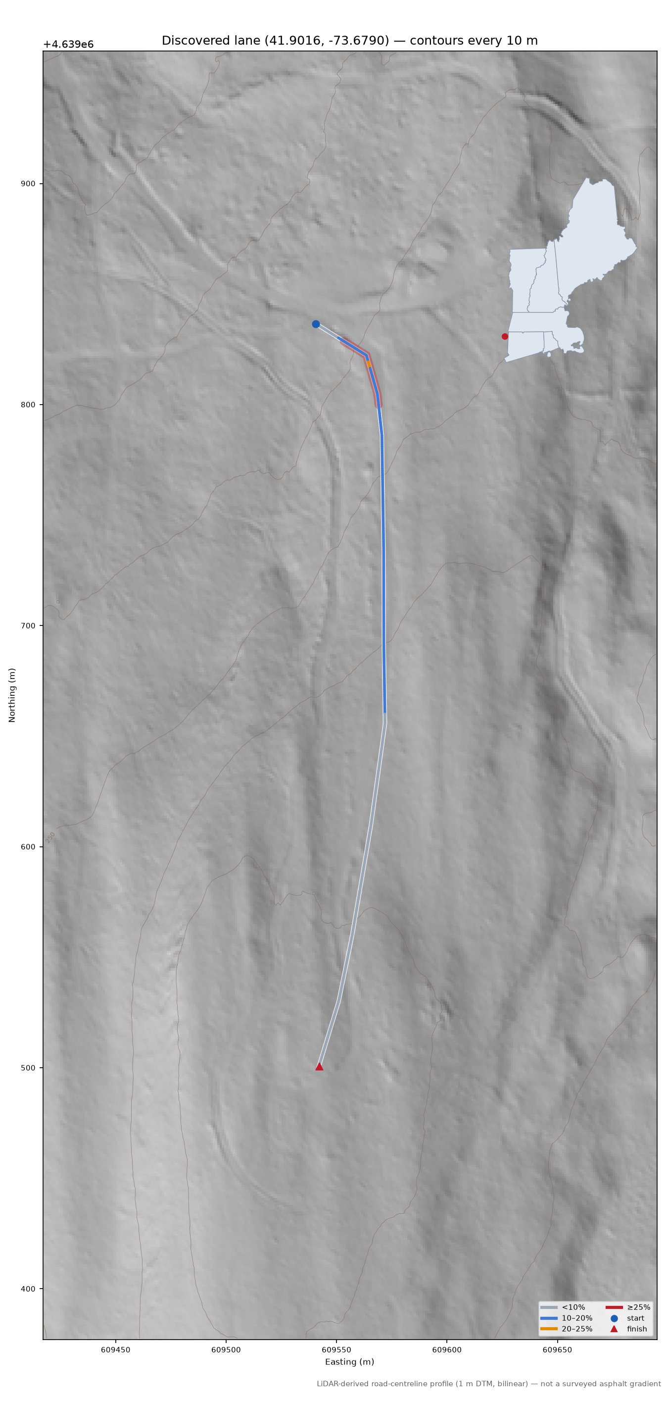 Discovered lane (41.9016, -73.6790) LiDAR hillshade map with contours
