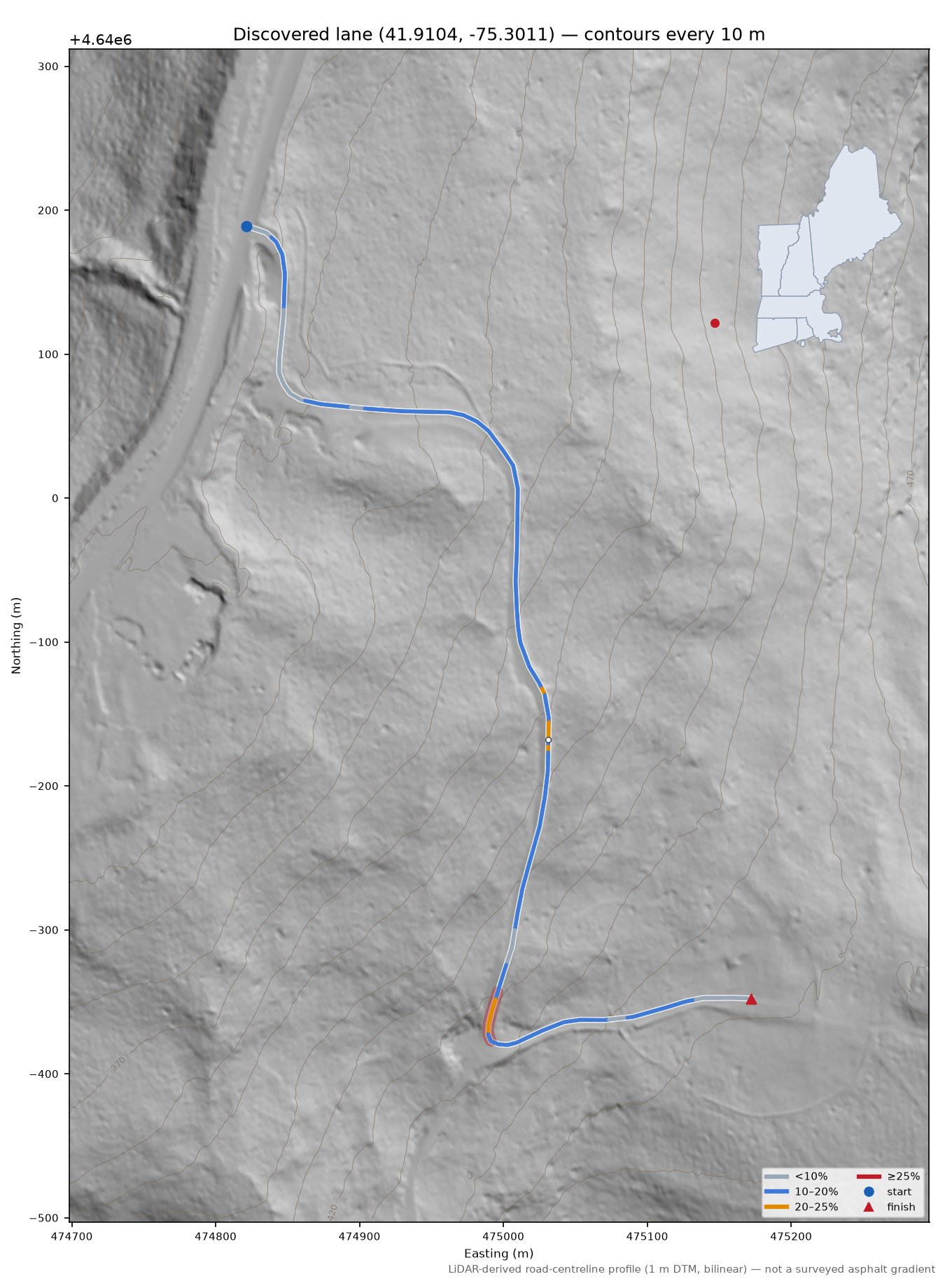 Discovered lane (41.9104, -75.3011) LiDAR hillshade map with contours