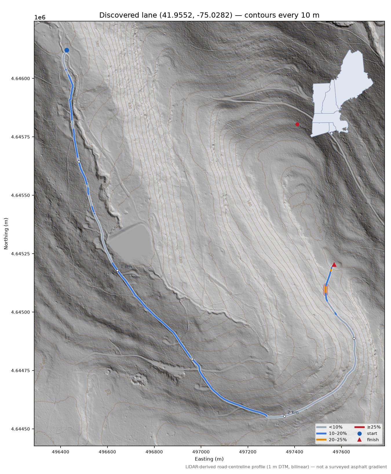 Discovered lane (41.9552, -75.0282) LiDAR hillshade map with contours