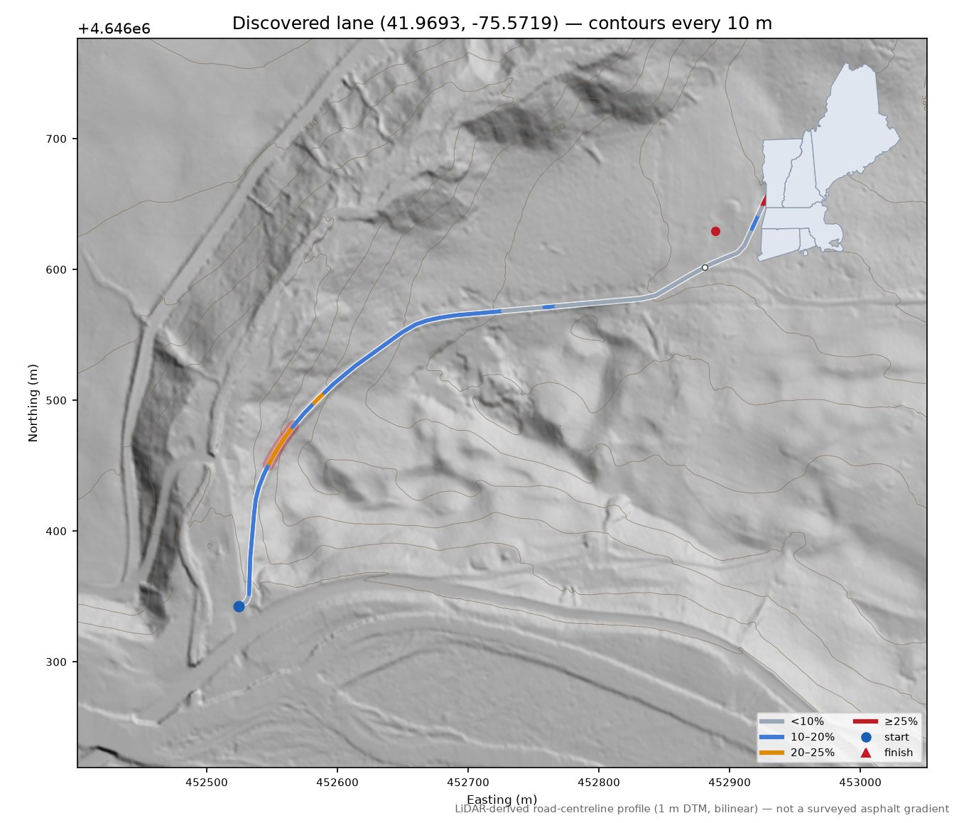 Discovered lane (41.9693, -75.5719) LiDAR hillshade map with contours