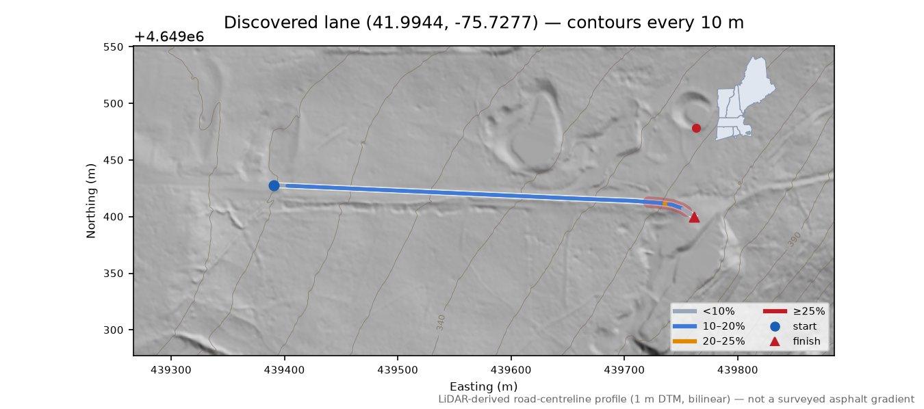 Discovered lane (41.9944, -75.7277) LiDAR hillshade map with contours