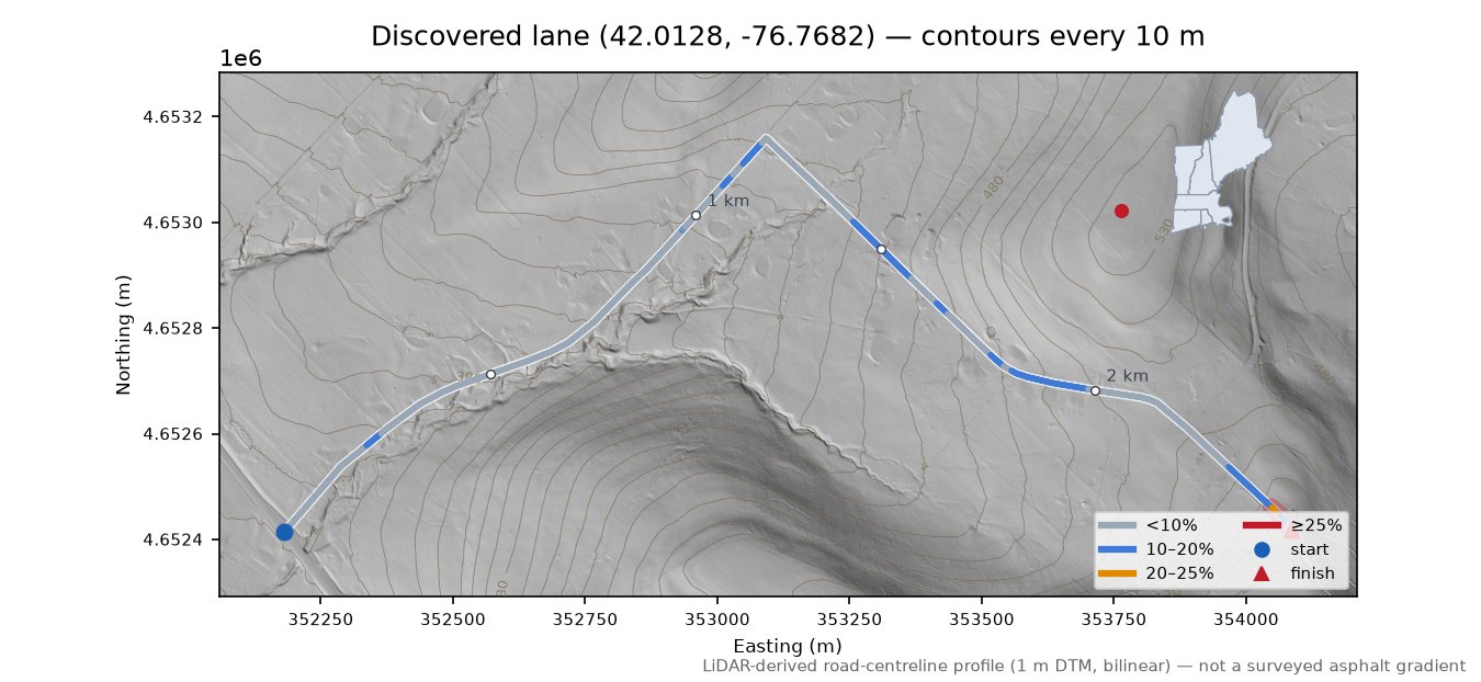 Discovered lane (42.0128, -76.7682) LiDAR hillshade map with contours