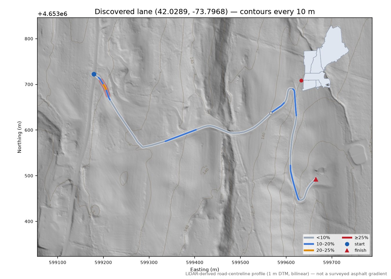 Discovered lane (42.0289, -73.7968) LiDAR hillshade map with contours