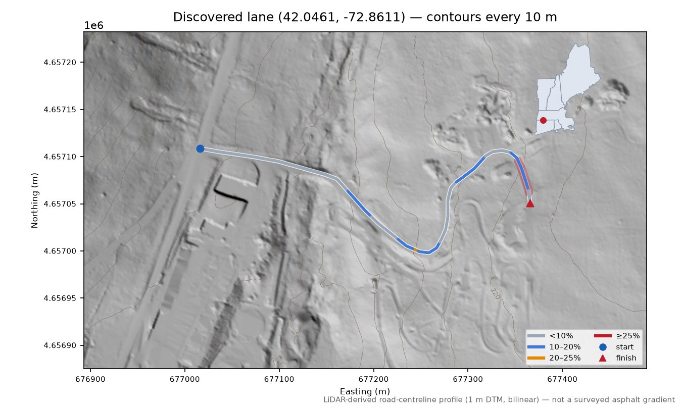 Discovered lane (42.0461, -72.8611) LiDAR hillshade map with contours