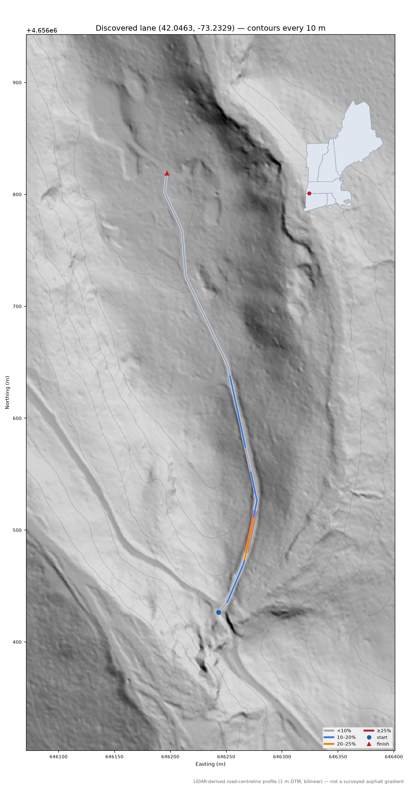Discovered lane (42.0463, -73.2329) LiDAR hillshade map with contours