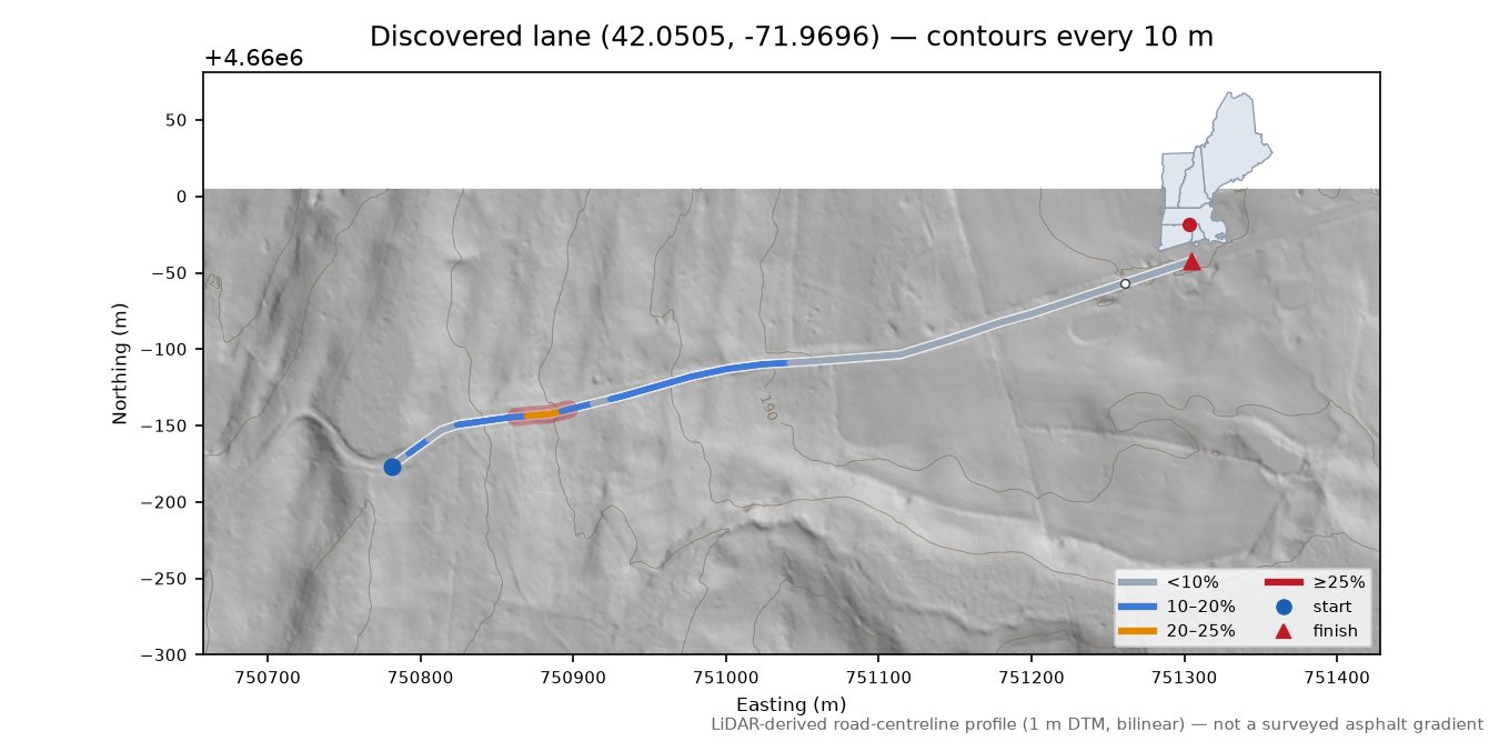 Discovered lane (42.0505, -71.9696) LiDAR hillshade map with contours