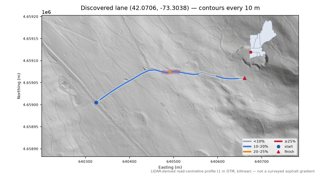 Discovered lane (42.0706, -73.3038) LiDAR hillshade map with contours