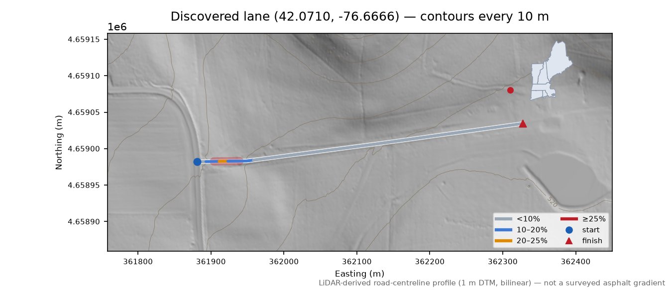 Discovered lane (42.0710, -76.6666) LiDAR hillshade map with contours