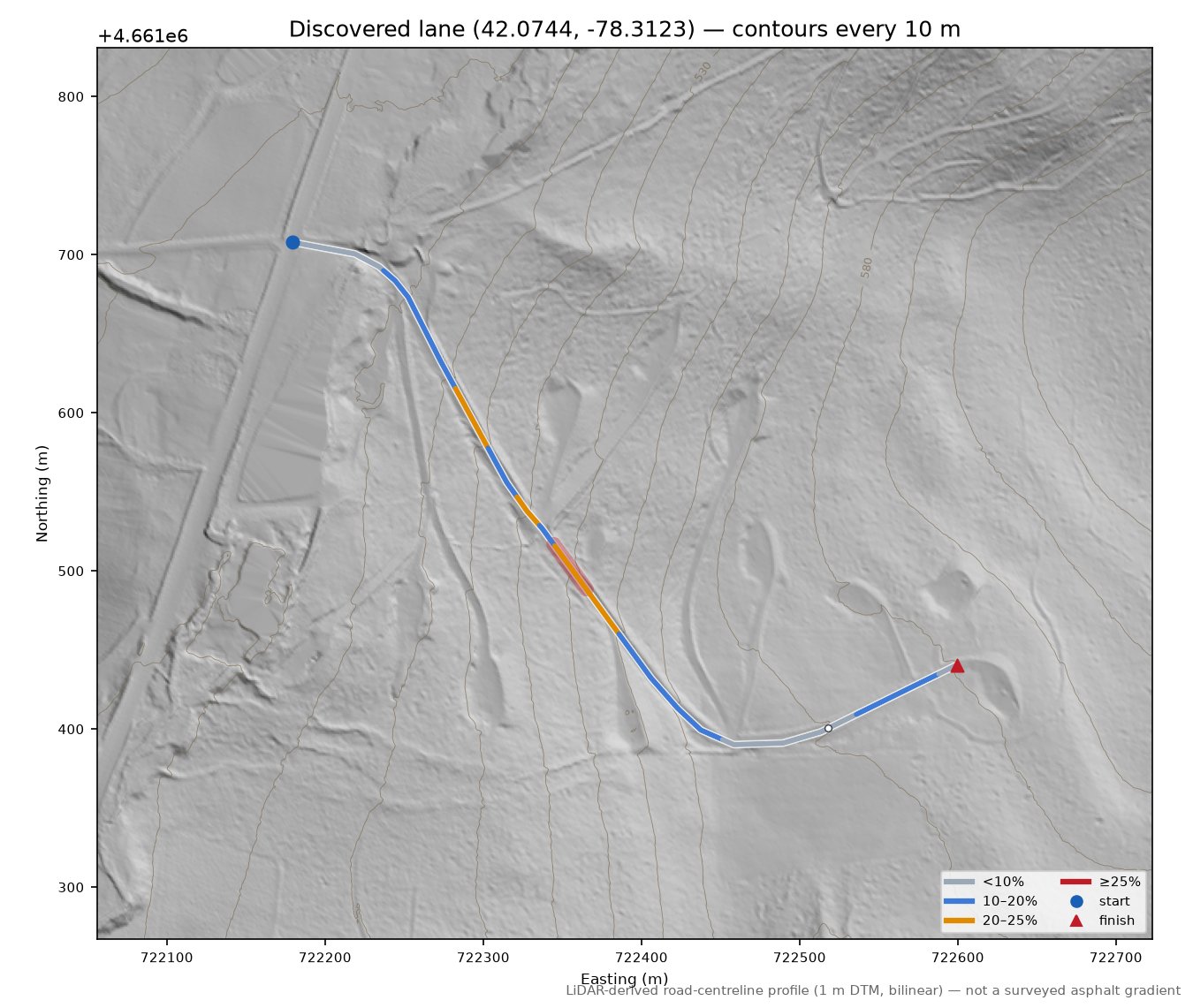 Discovered lane (42.0744, -78.3123) LiDAR hillshade map with contours