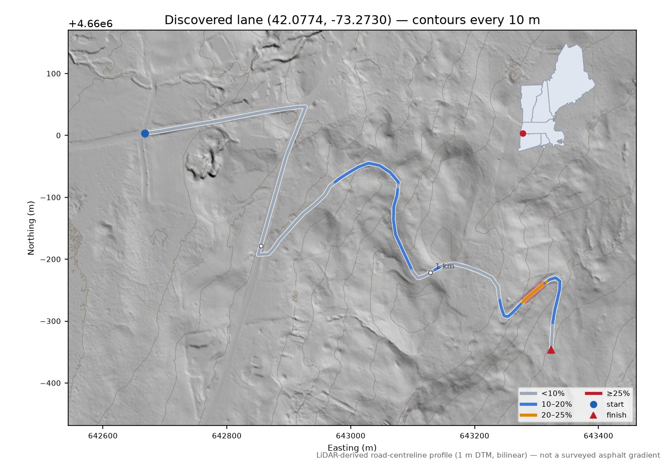 Discovered lane (42.0774, -73.2730) LiDAR hillshade map with contours