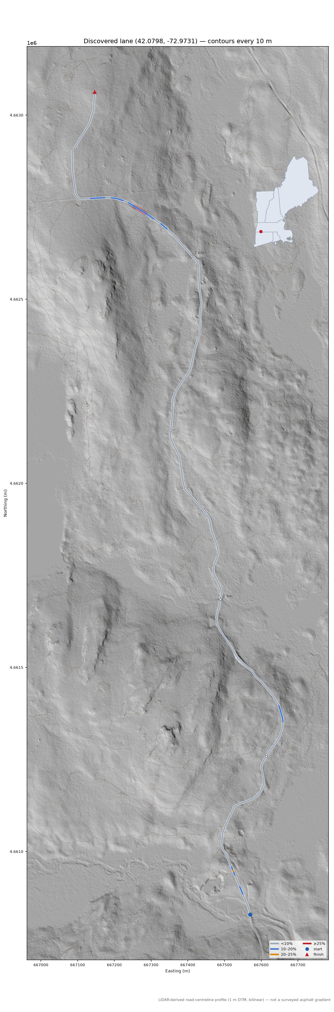 Discovered lane (42.0798, -72.9731) LiDAR hillshade map with contours