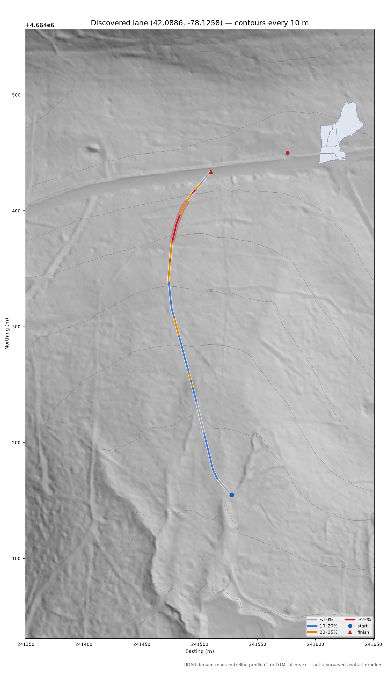 Discovered lane (42.0886, -78.1258) LiDAR hillshade map with contours