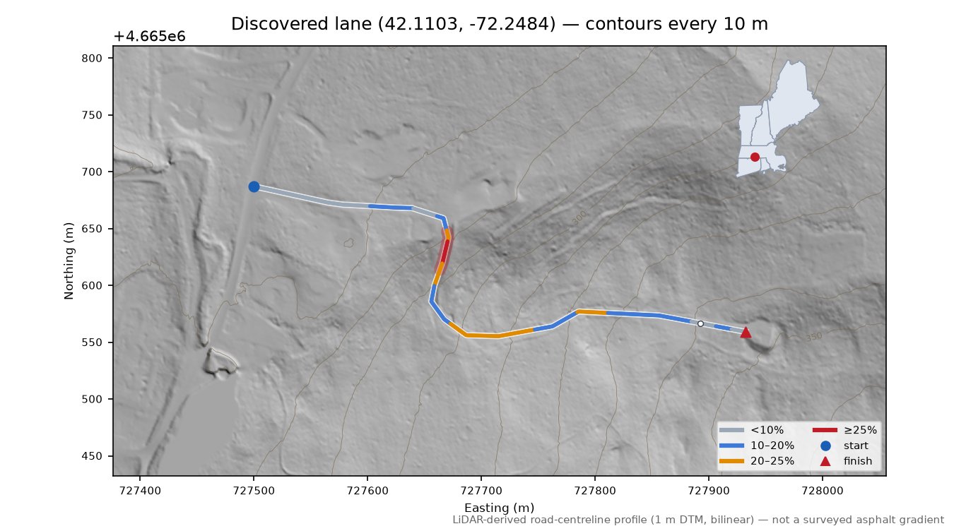 Discovered lane (42.1103, -72.2484) LiDAR hillshade map with contours