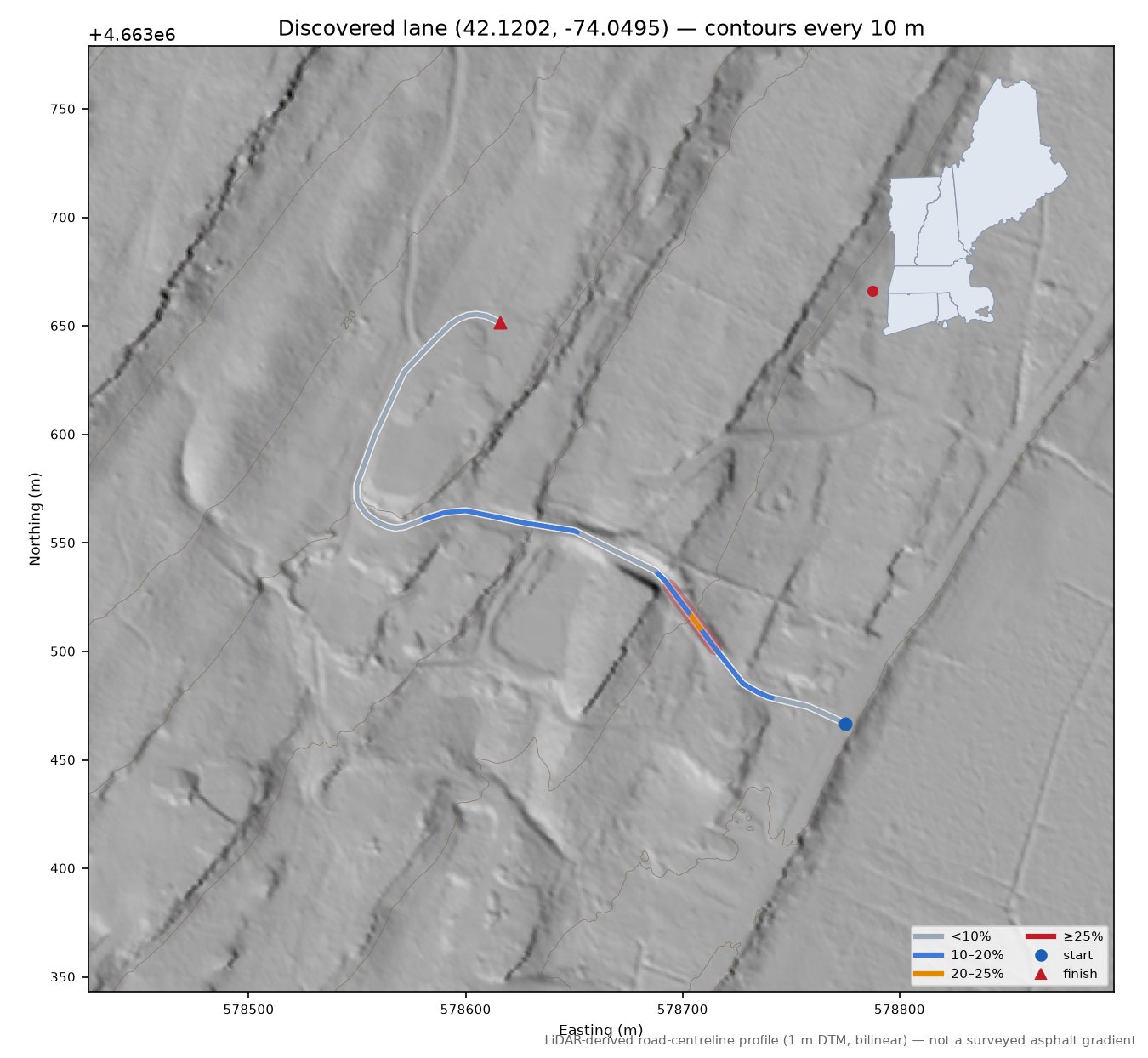 Discovered lane (42.1202, -74.0495) LiDAR hillshade map with contours
