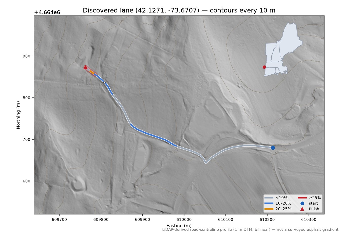 Discovered lane (42.1271, -73.6707) LiDAR hillshade map with contours