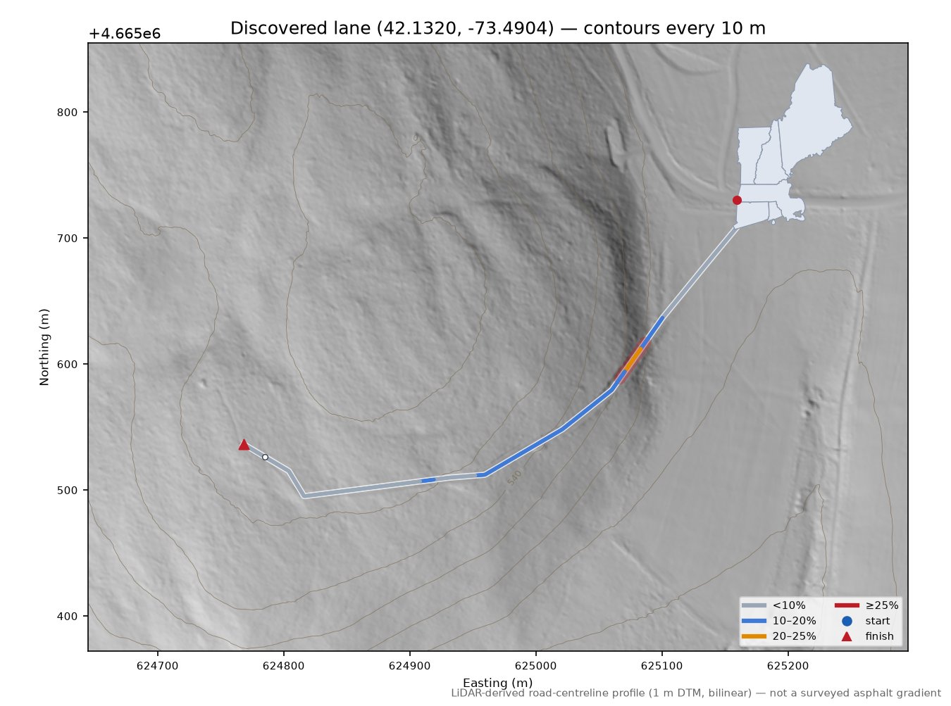 Discovered lane (42.1320, -73.4904) LiDAR hillshade map with contours