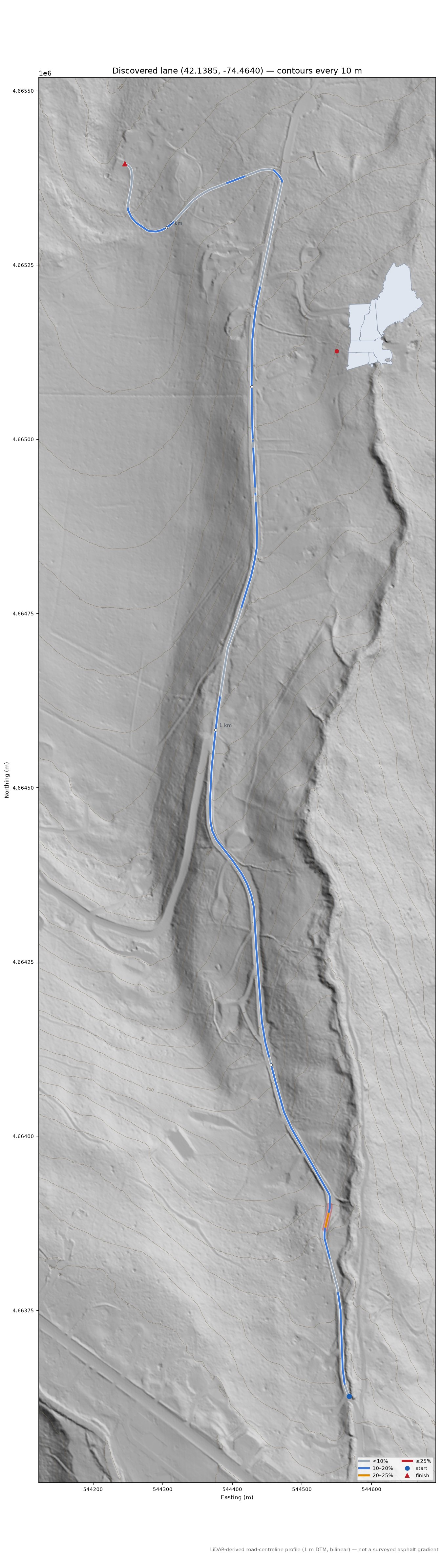 Discovered lane (42.1385, -74.4640) LiDAR hillshade map with contours