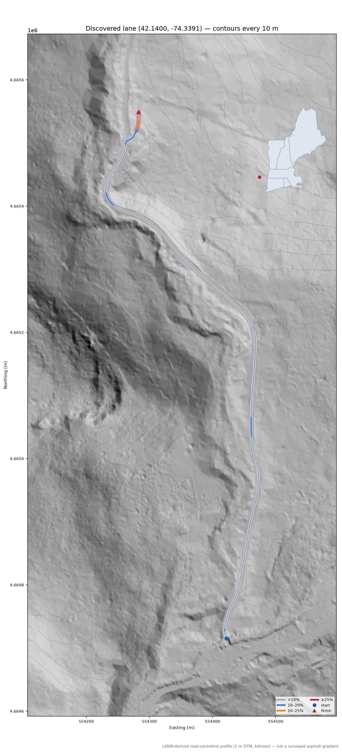 Discovered lane (42.1400, -74.3391) LiDAR hillshade map with contours