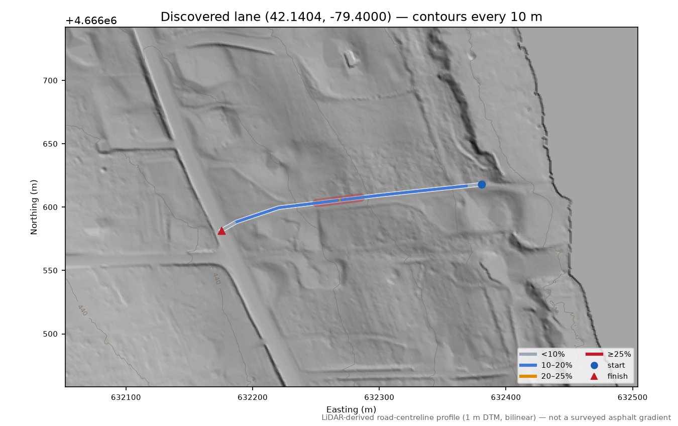 Discovered lane (42.1404, -79.4000) LiDAR hillshade map with contours