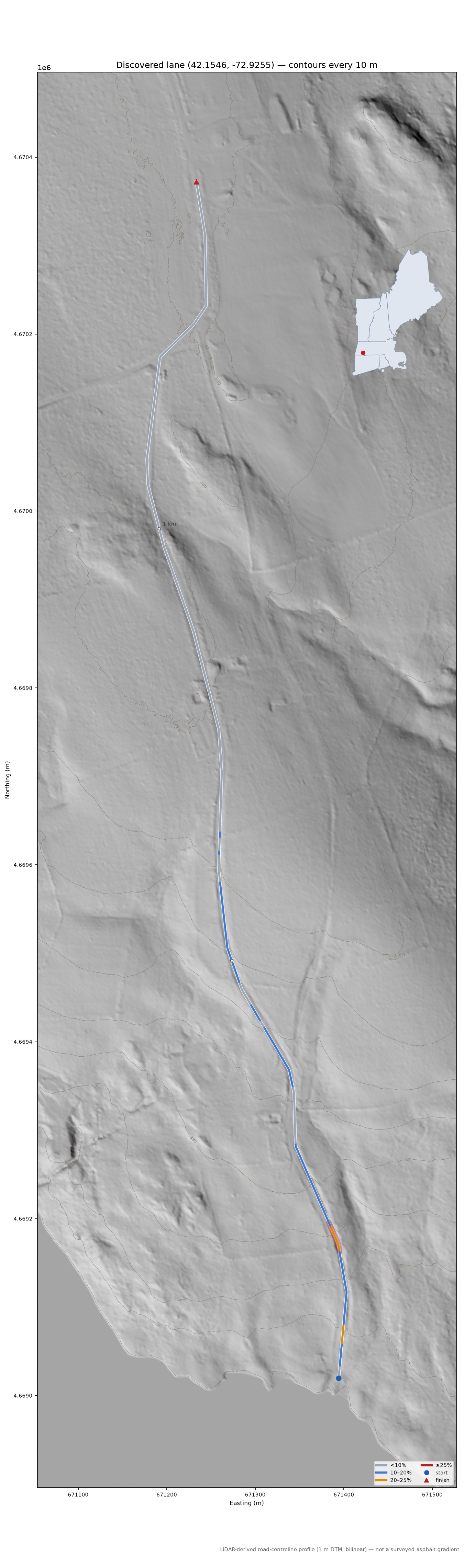 Discovered lane (42.1546, -72.9255) LiDAR hillshade map with contours