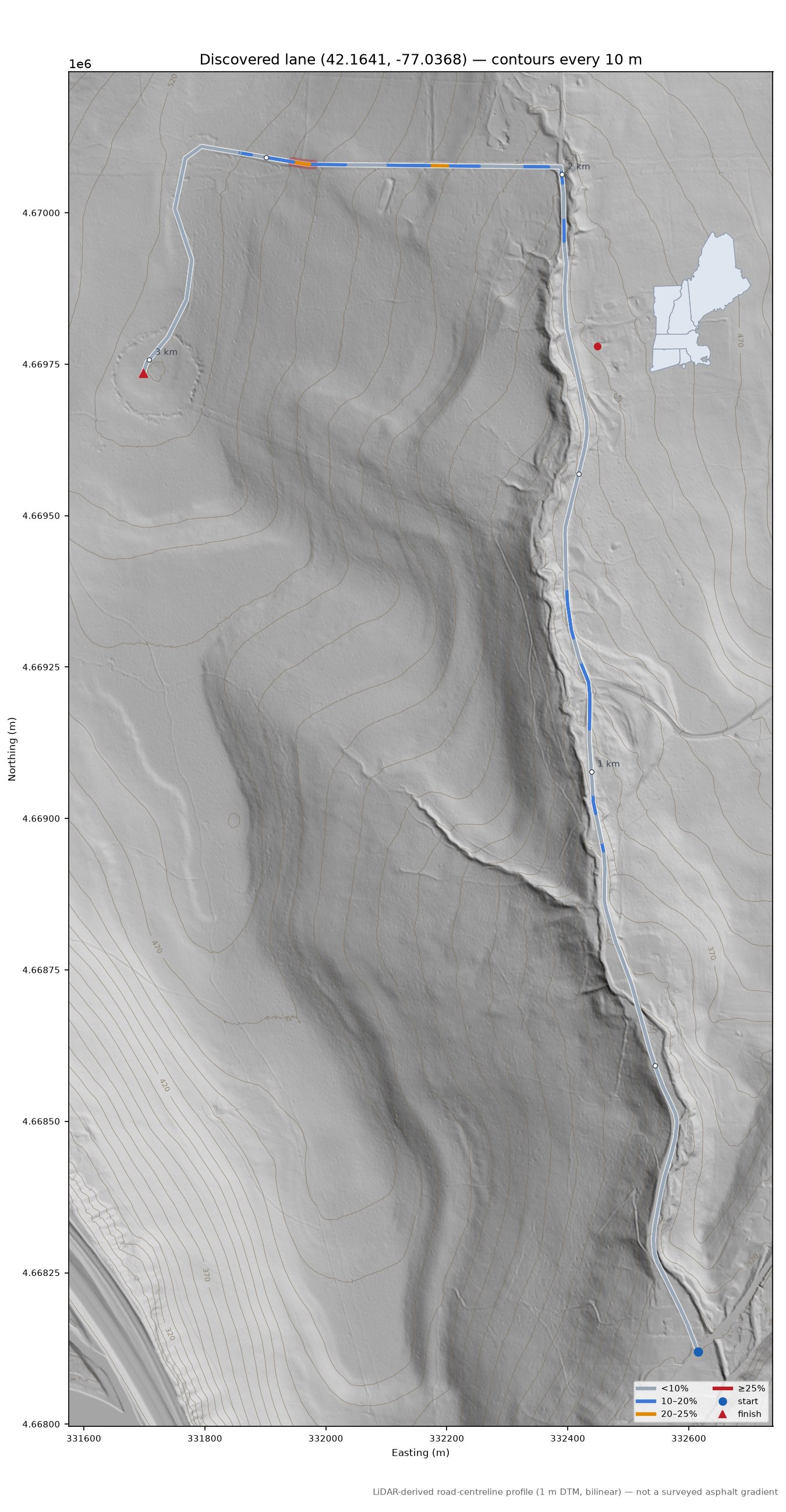 Discovered lane (42.1641, -77.0368) LiDAR hillshade map with contours