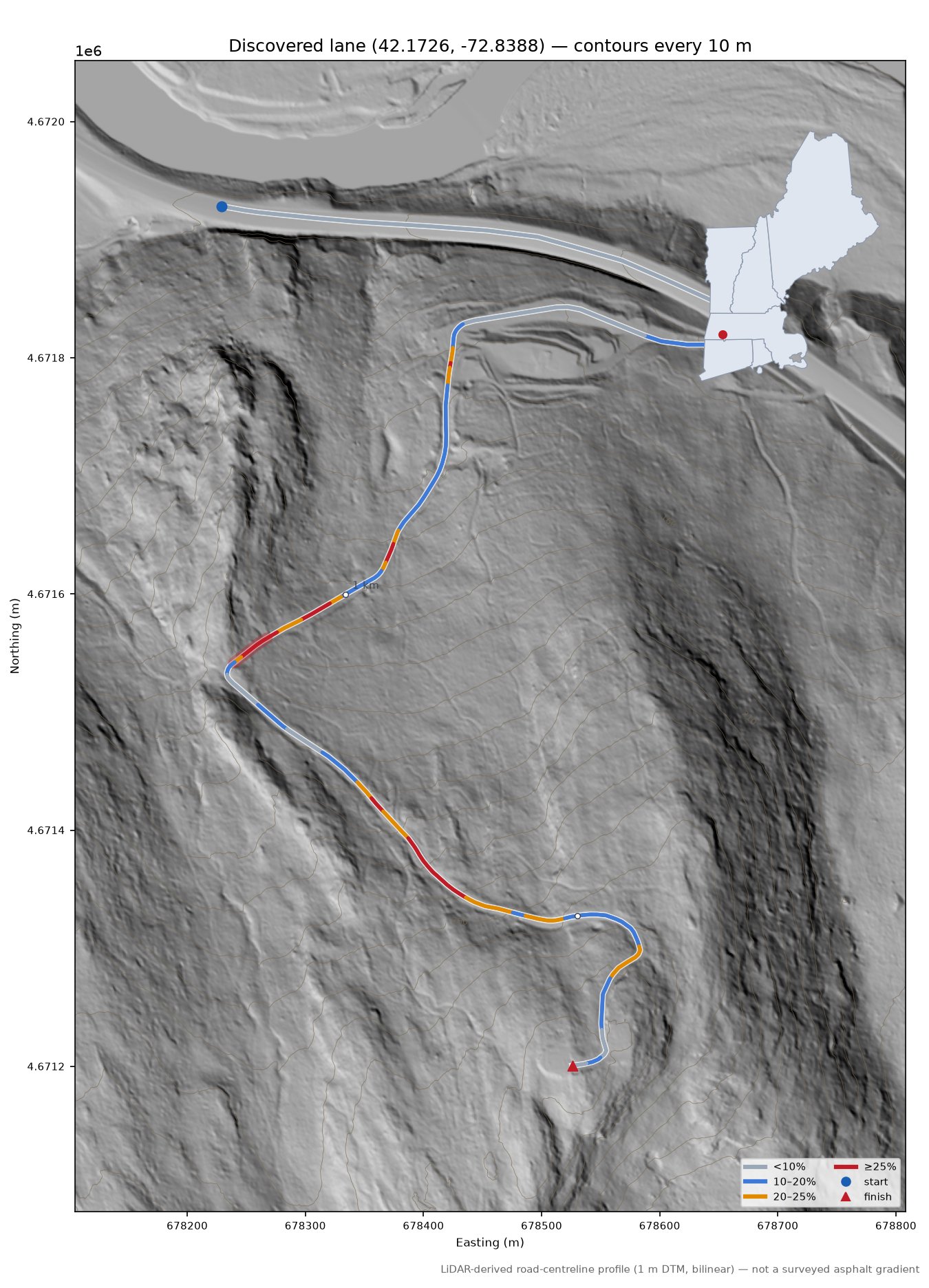 Discovered lane (42.1726, -72.8388) LiDAR hillshade map with contours