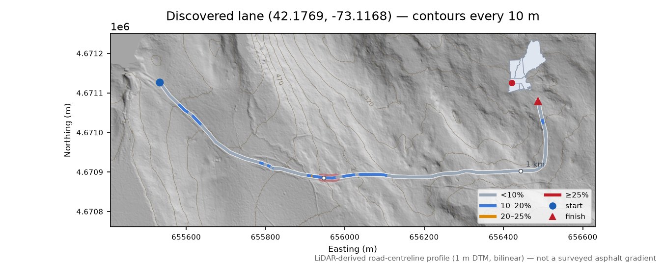 Discovered lane (42.1769, -73.1168) LiDAR hillshade map with contours