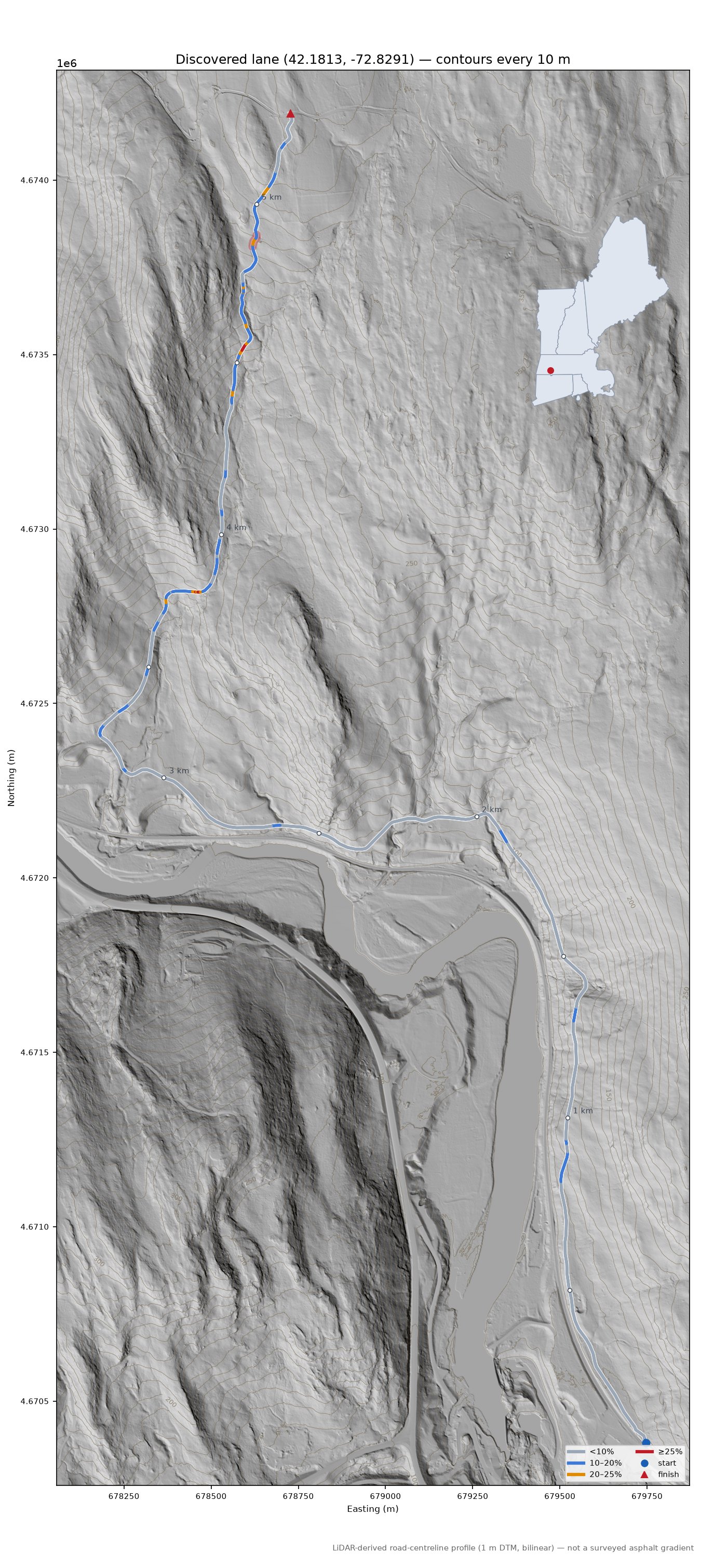 Discovered lane (42.1813, -72.8291) LiDAR hillshade map with contours