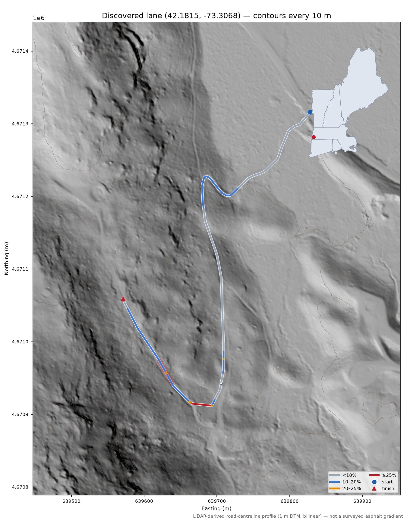 Discovered lane (42.1815, -73.3068) LiDAR hillshade map with contours