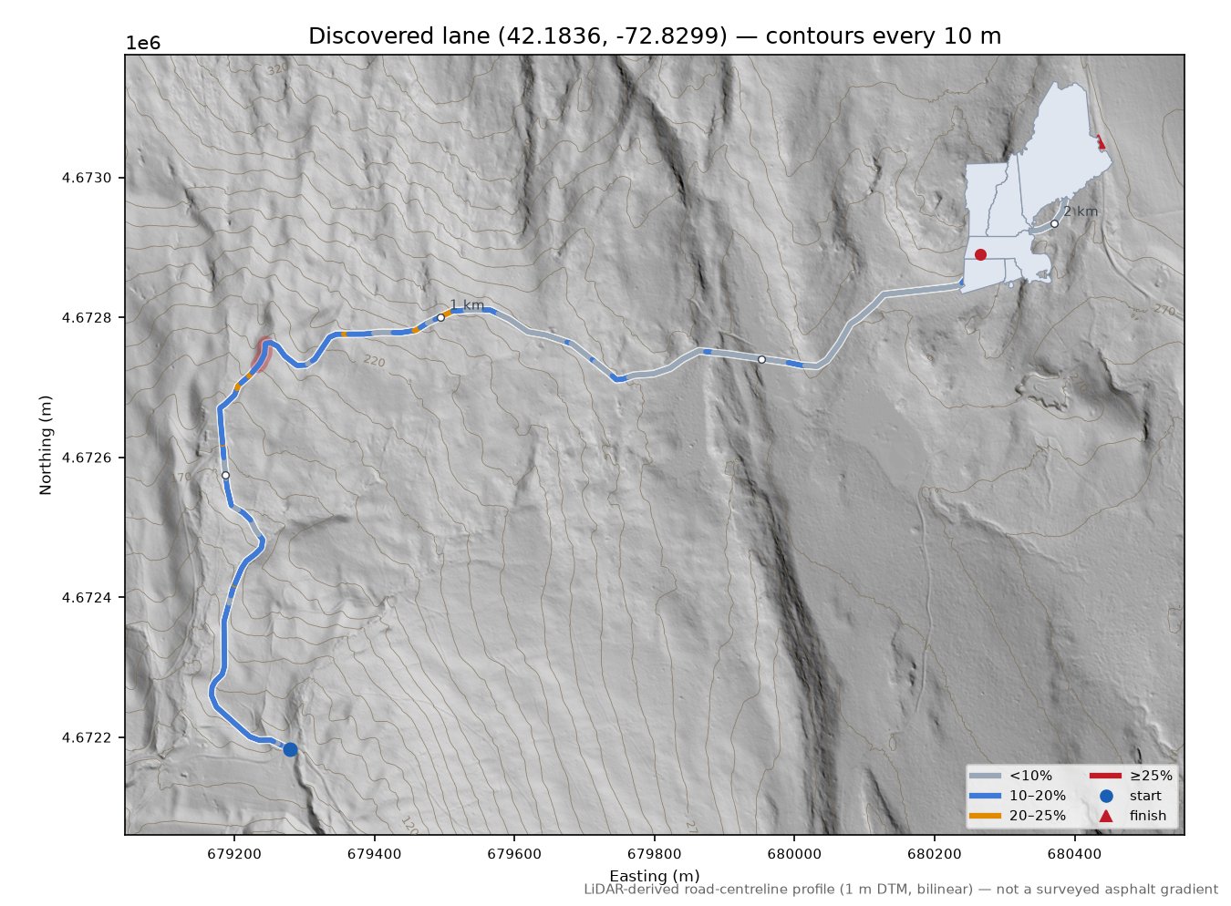 Discovered lane (42.1836, -72.8299) LiDAR hillshade map with contours