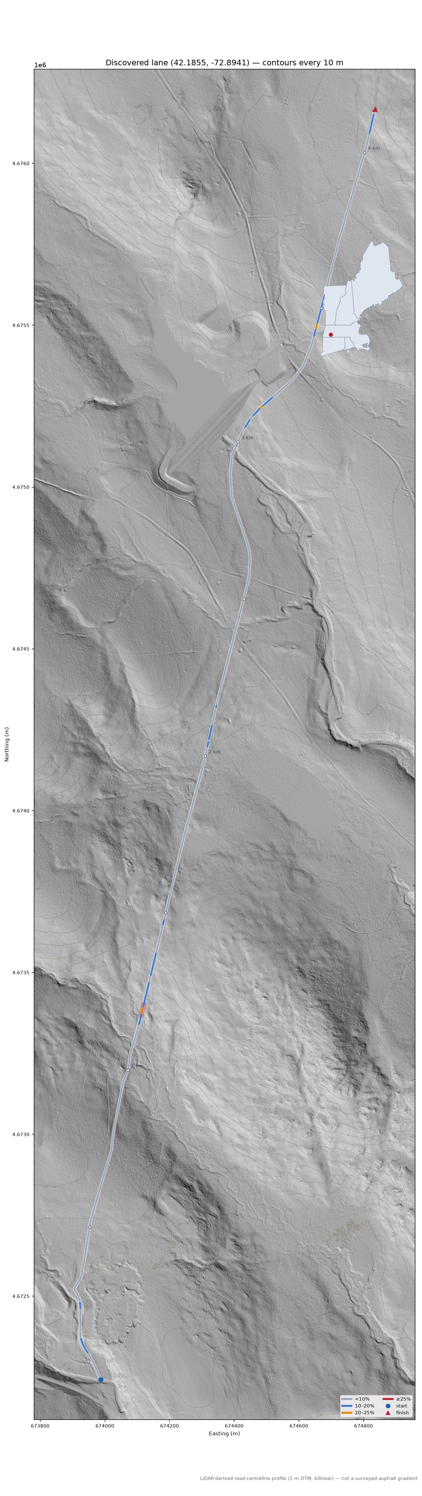 Discovered lane (42.1855, -72.8941) LiDAR hillshade map with contours