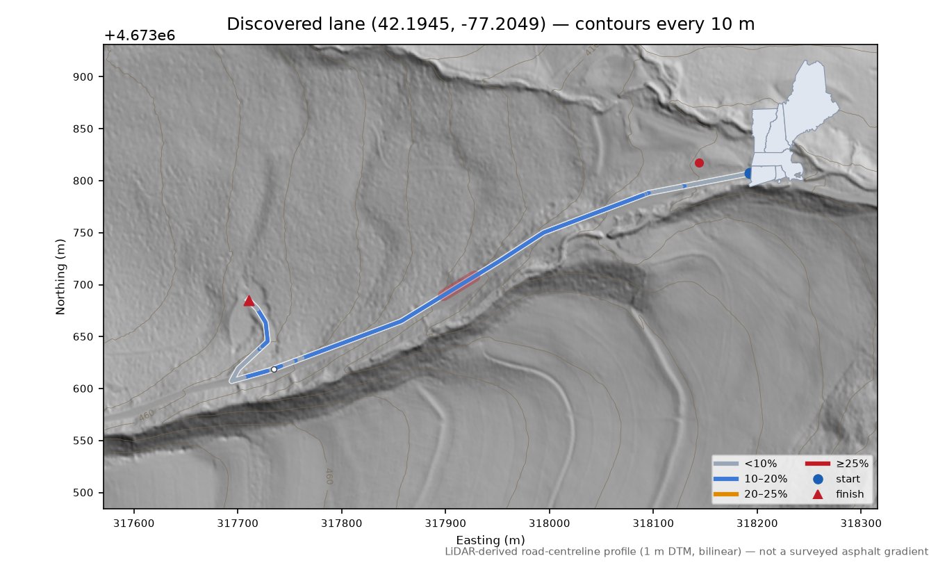 Discovered lane (42.1945, -77.2049) LiDAR hillshade map with contours