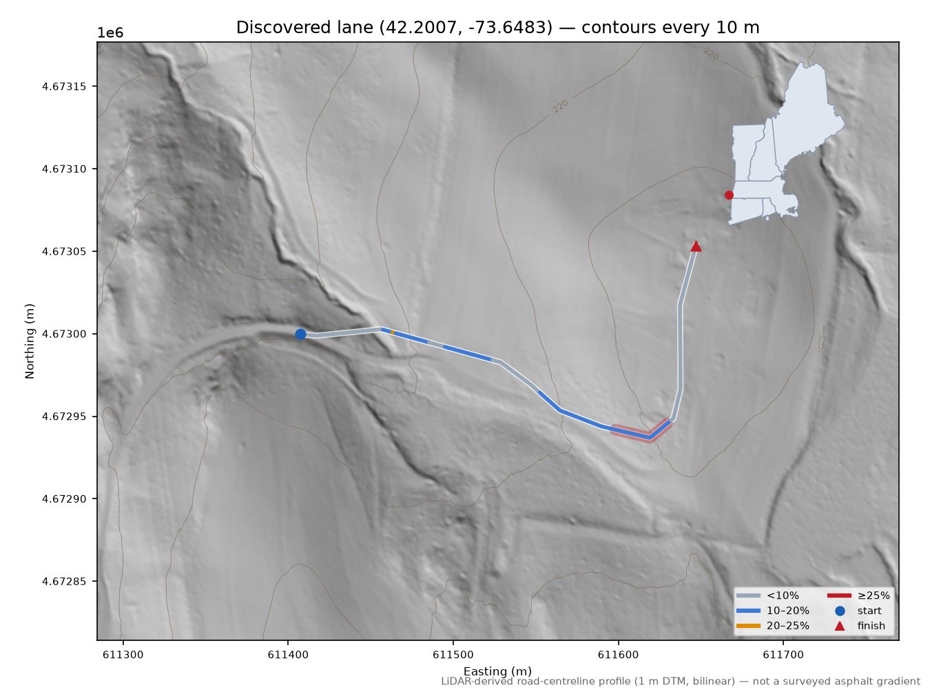Discovered lane (42.2007, -73.6483) LiDAR hillshade map with contours
