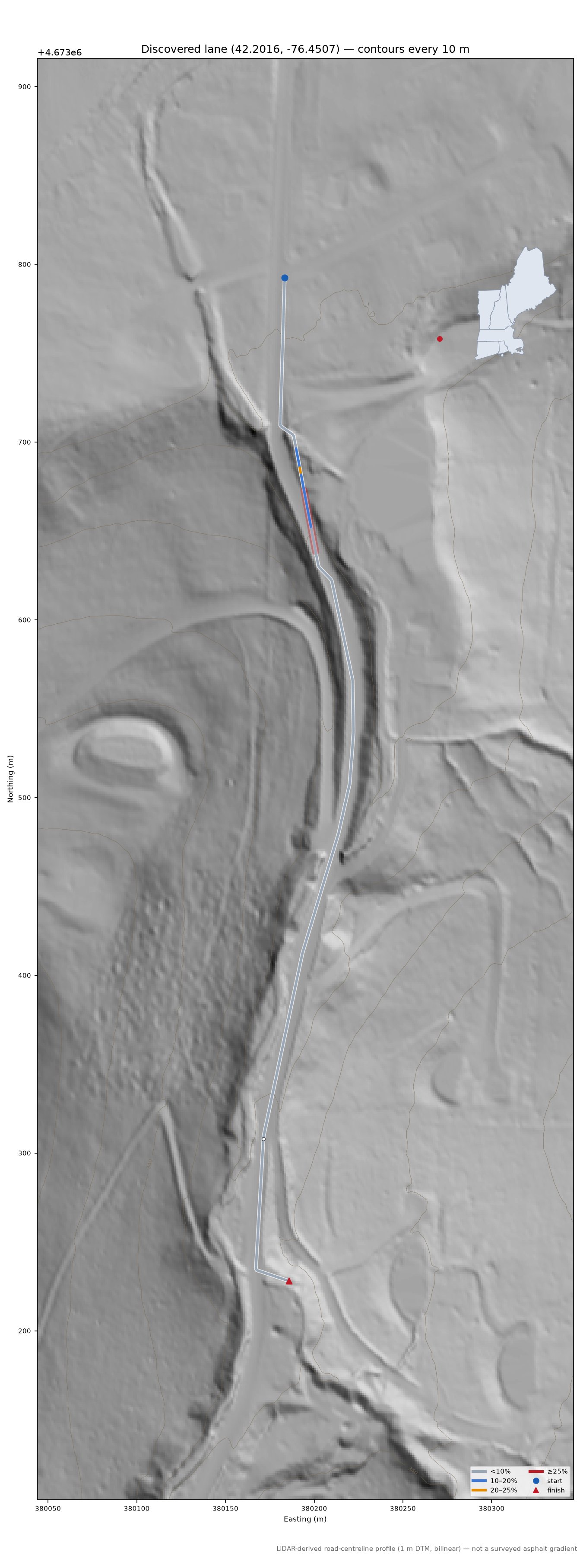 Discovered lane (42.2016, -76.4507) LiDAR hillshade map with contours