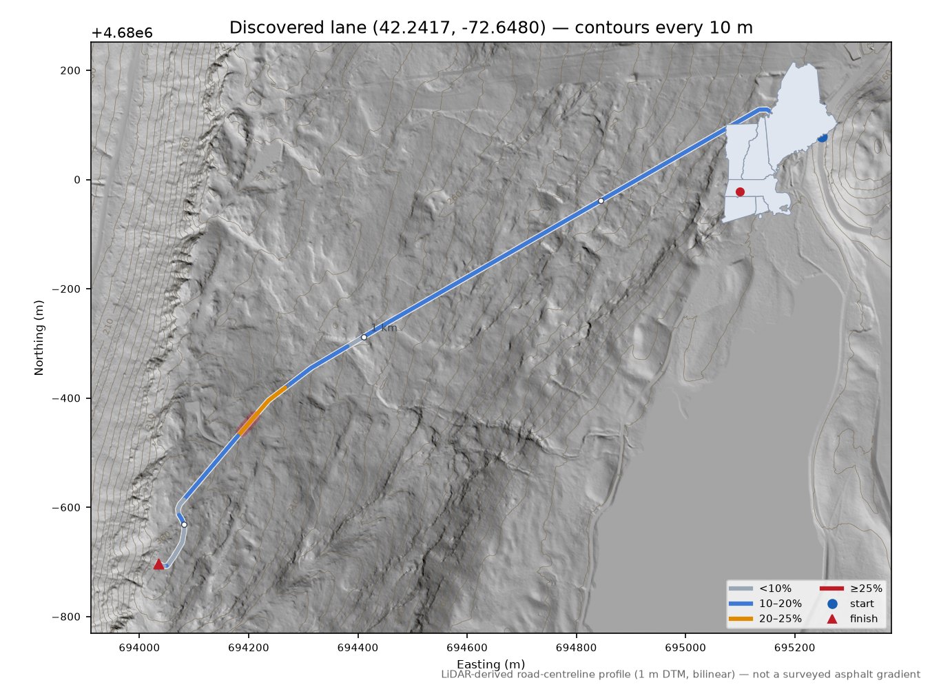 Discovered lane (42.2417, -72.6480) LiDAR hillshade map with contours