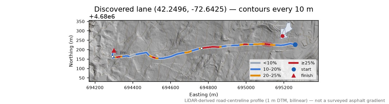 Discovered lane (42.2496, -72.6425) LiDAR hillshade map with contours