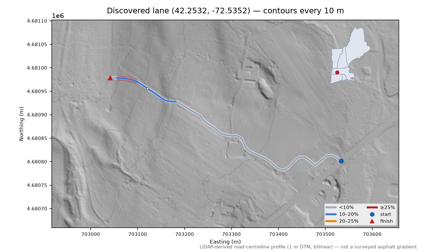 Discovered lane (42.2532, -72.5352) LiDAR hillshade map with contours