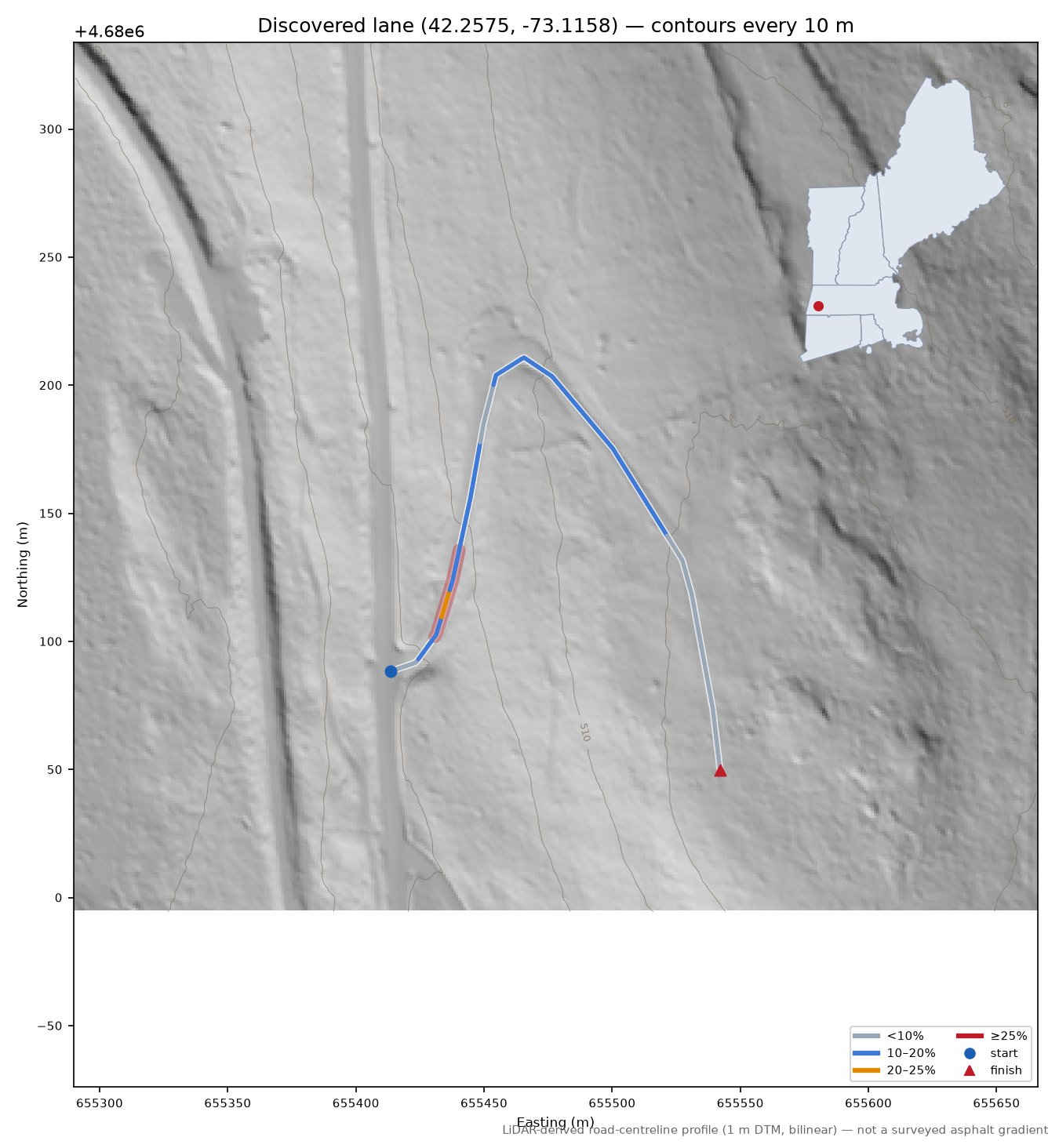 Discovered lane (42.2575, -73.1158) LiDAR hillshade map with contours