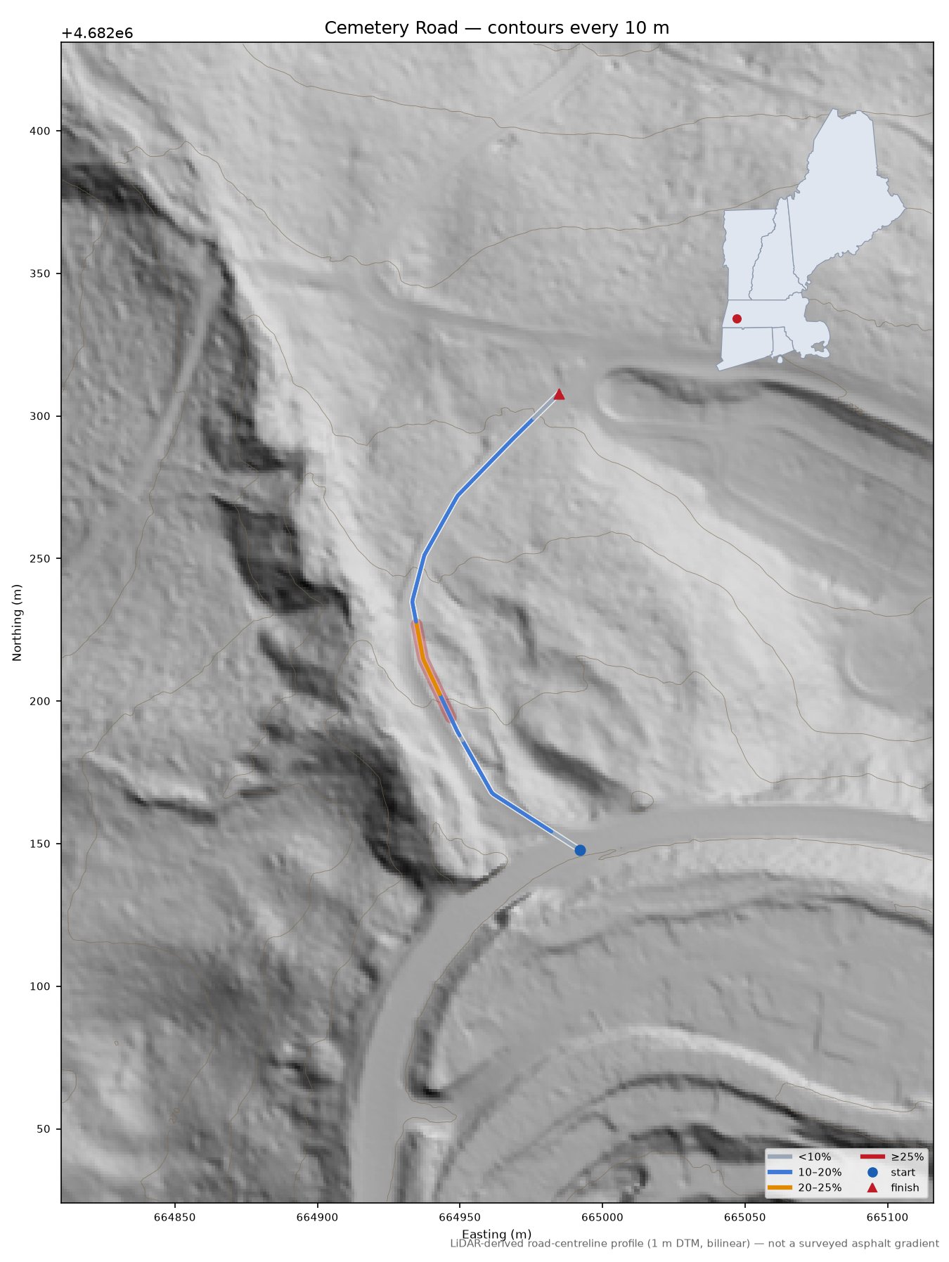 Cemetery Road LiDAR hillshade map with contours