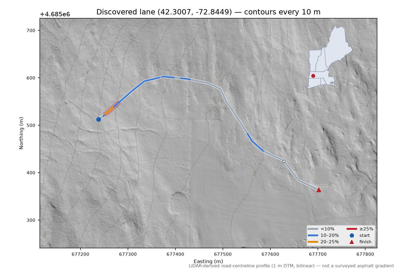 Discovered lane (42.3007, -72.8449) LiDAR hillshade map with contours