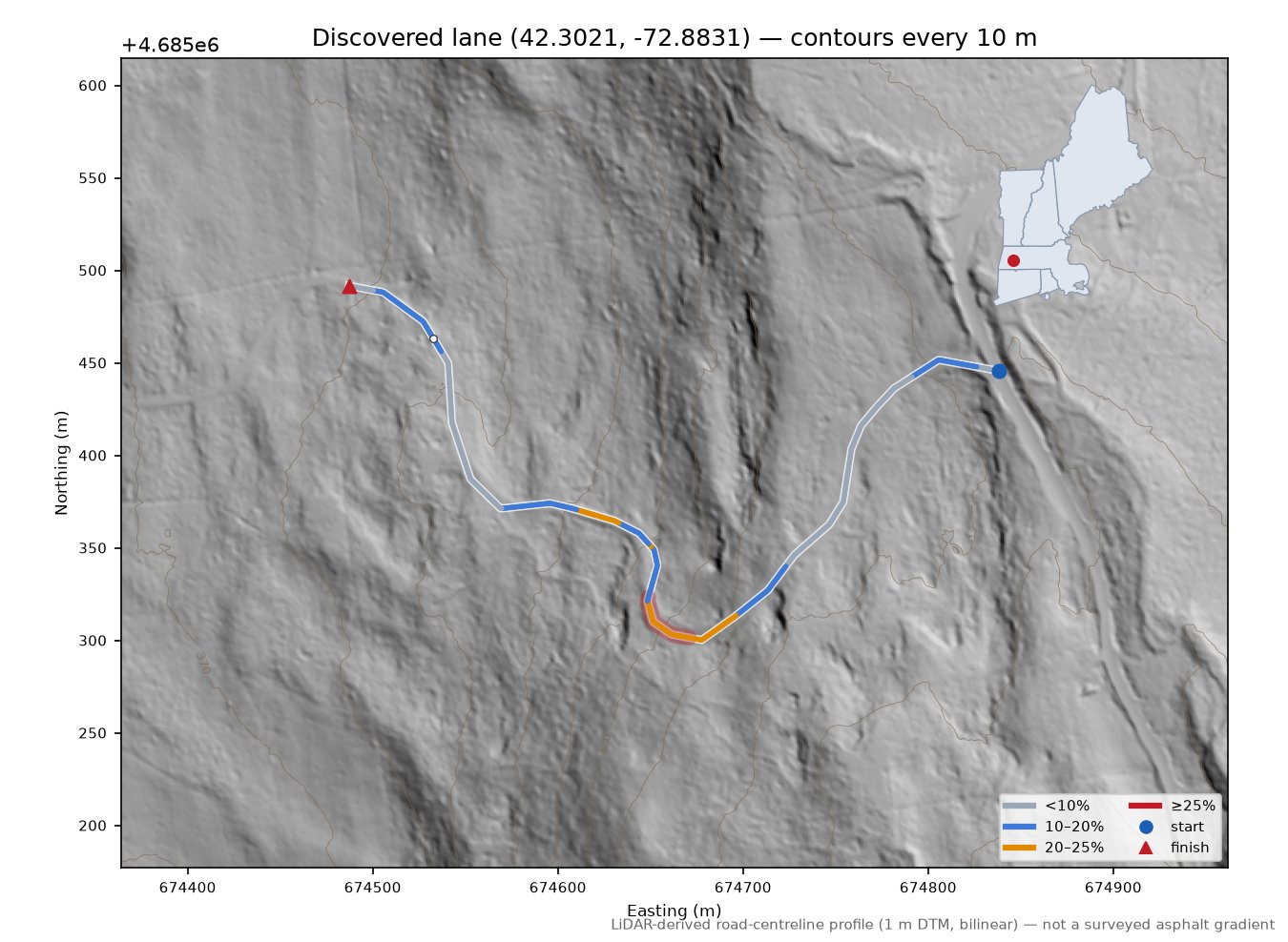 Discovered lane (42.3021, -72.8831) LiDAR hillshade map with contours