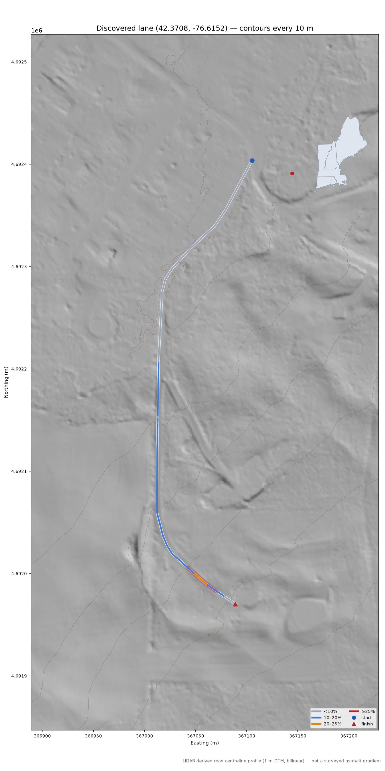 Discovered lane (42.3708, -76.6152) LiDAR hillshade map with contours
