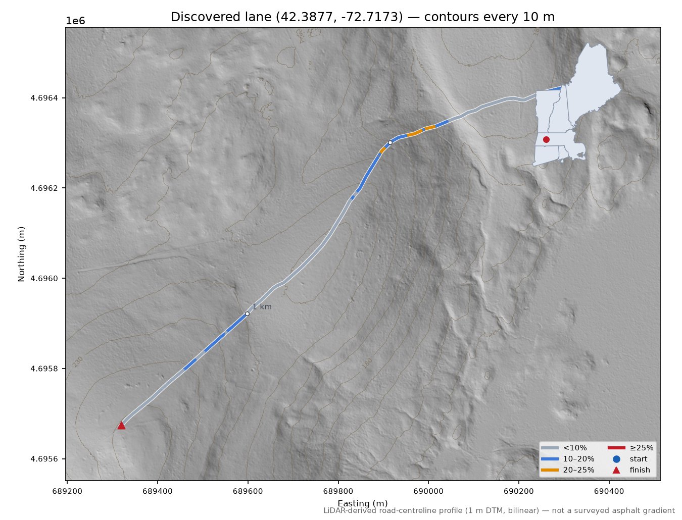 Discovered lane (42.3877, -72.7173) LiDAR hillshade map with contours