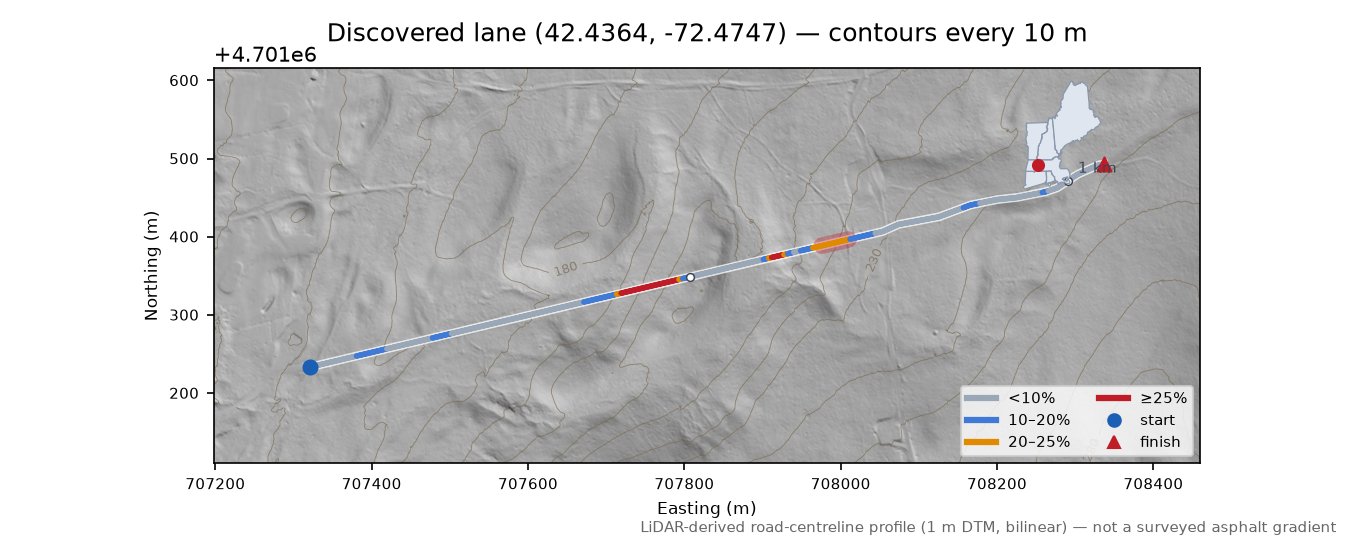 Discovered lane (42.4364, -72.4747) LiDAR hillshade map with contours