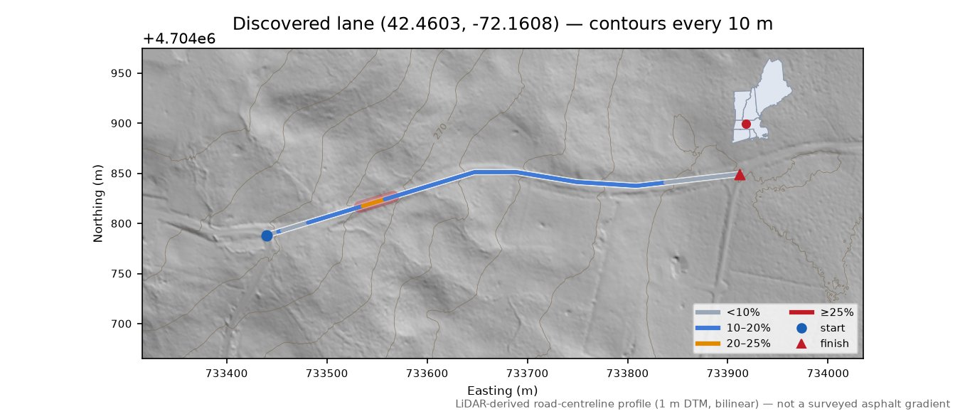 Discovered lane (42.4603, -72.1608) LiDAR hillshade map with contours