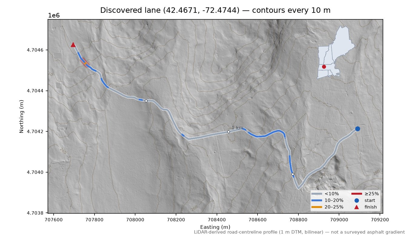 Discovered lane (42.4671, -72.4744) LiDAR hillshade map with contours
